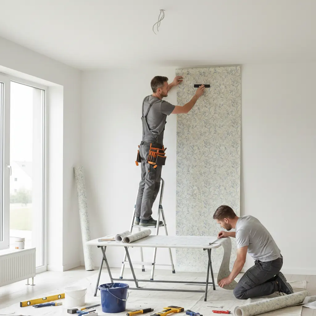 VJN technicians hanging wallpaper in a bright room